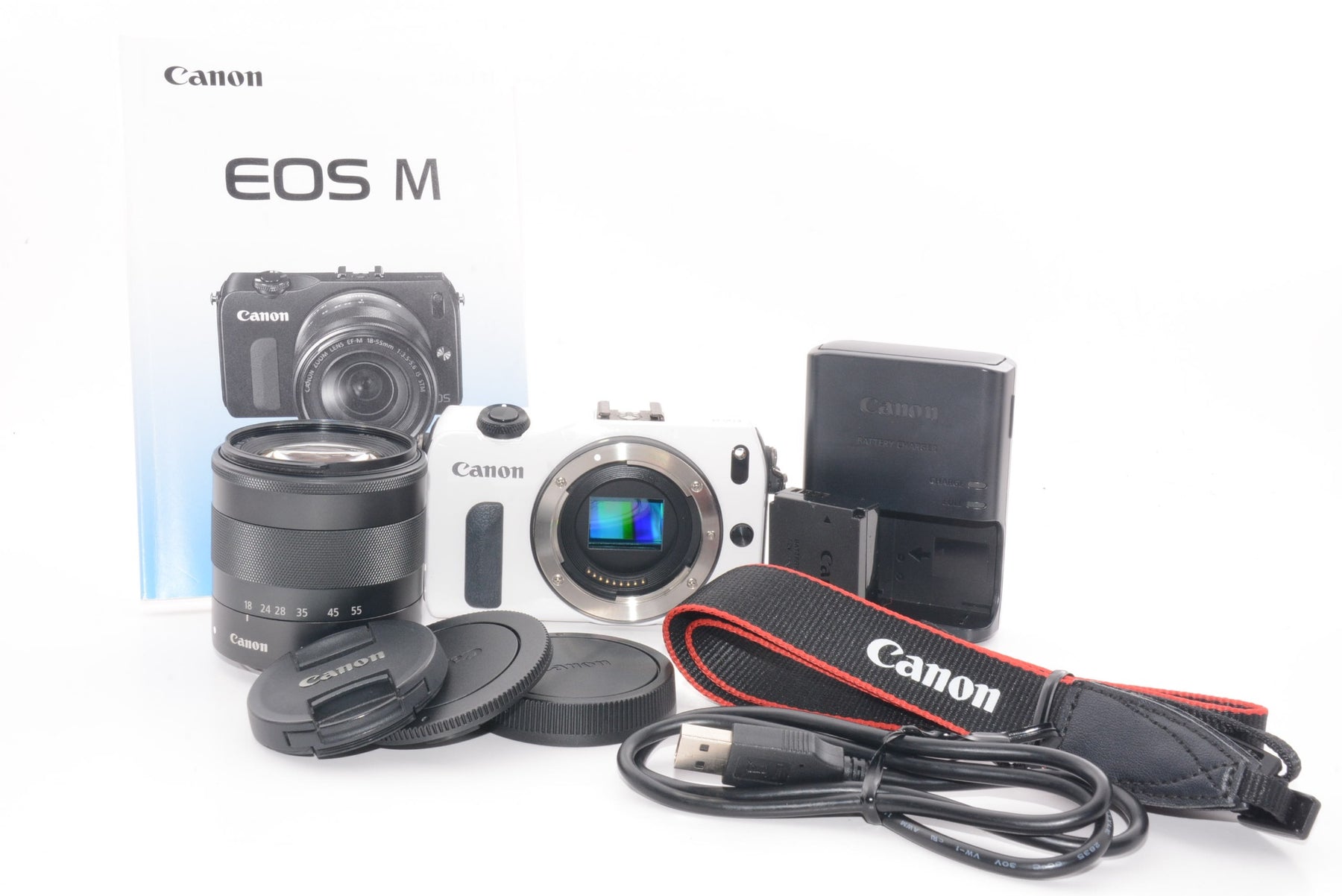 【外観特上級】Canon ミラーレス一眼カメラ EOS M レンズキット EF-M18-55mm F3.5-5.6 IS STM付属 ホワイト EOSMWH-18-55ISSTMLK