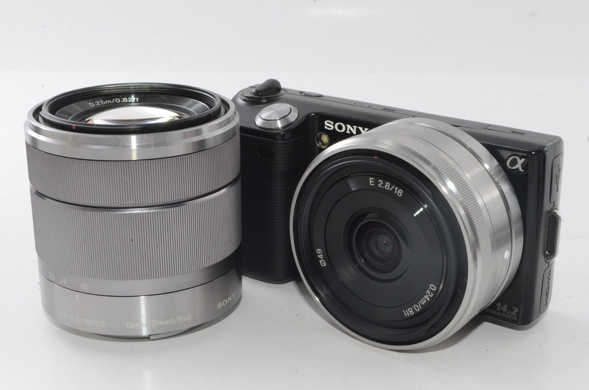 【外観並級】ソニー SONY ミラーレス一眼 α NEX-5  ダブルズームレンズキットE16mm F2.8+E18-55mm F3.5-5.6  OSS付属 ブラック NEX-5D/B