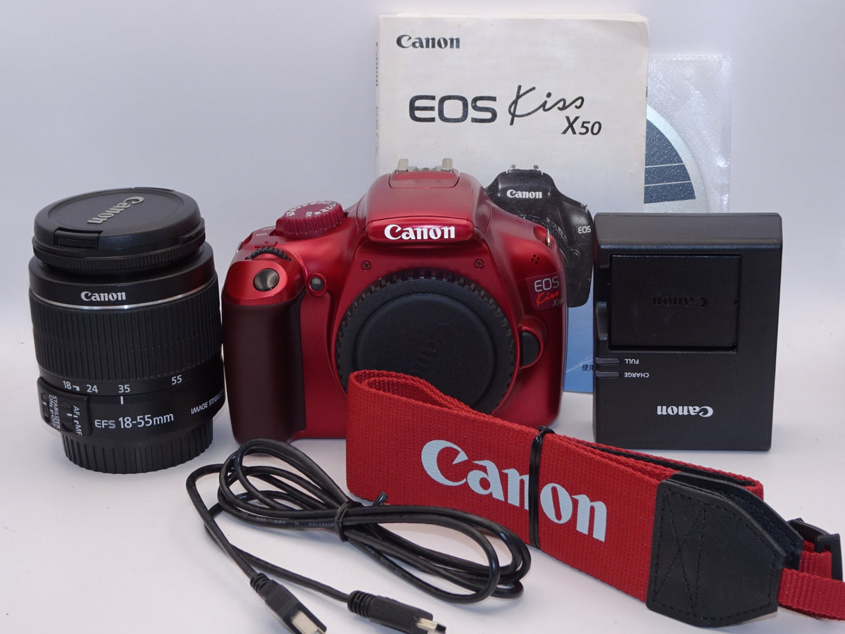 【外観特上級】Canon デジタル一眼レフカメラ EOS Kiss X50 レンズキット EF-S18-55mm IsII付属 レッド KISSX50RE-1855IS2LK