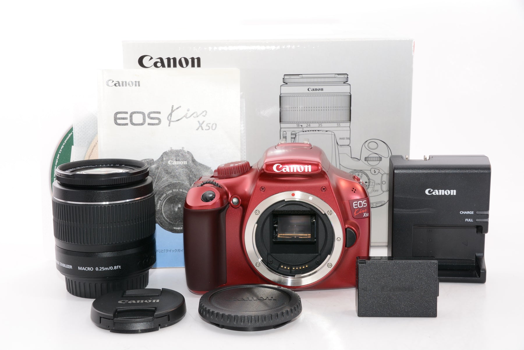 【外観特上級】Canon デジタル一眼レフカメラ EOS Kiss X50 レンズキット EF-S18-55mm IsII付属 レッド  KISSX50RE-1855IS2LK