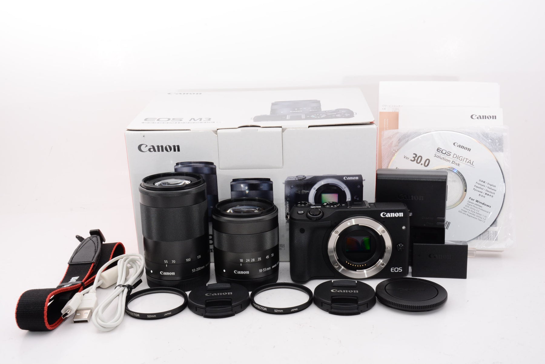 【外観特上級】Canon ミラーレス一眼カメラ EOS M3 ダブルズームキット(ブラック) EF-M18-55mm F3.5-5.6 IS STM EF-M55-200mm F4.5-6.3 IS STM 付属 EOSM3BK-WZK